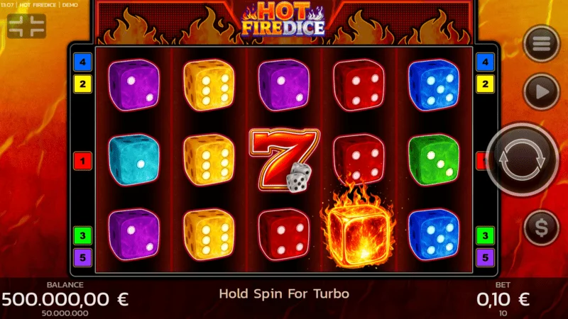 Hot Fire Dice - Màn hình game với số 7 bốc cháy